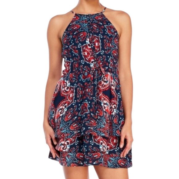 Parker Bandana Print Lace-up Halter Mini Dress, Navy Red Ruffle Hem Women's S - Picture 1 of 12